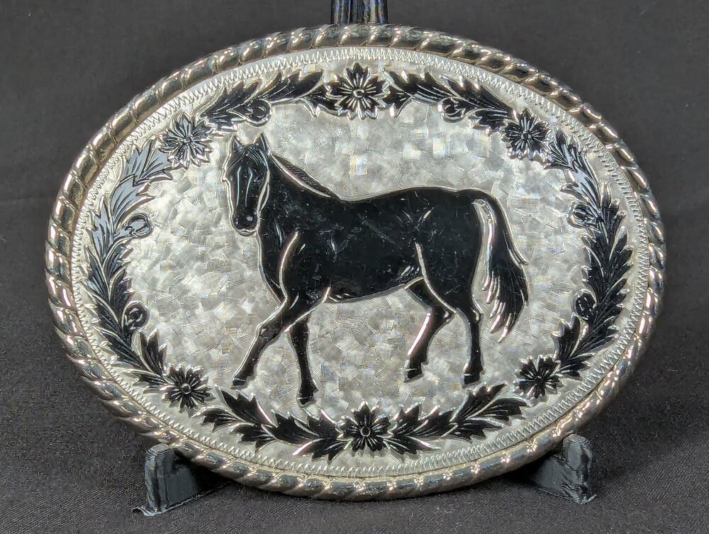 Vintage 1970s Western Belt Buckle Silver Tone Horse Motif Rope Border USA Made